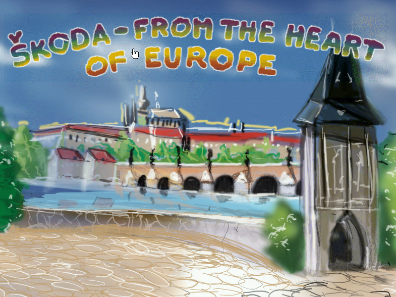 Screenshot ze hry obsahující text 'From the heart of Europe', v pozadí panorama Pražského hradu